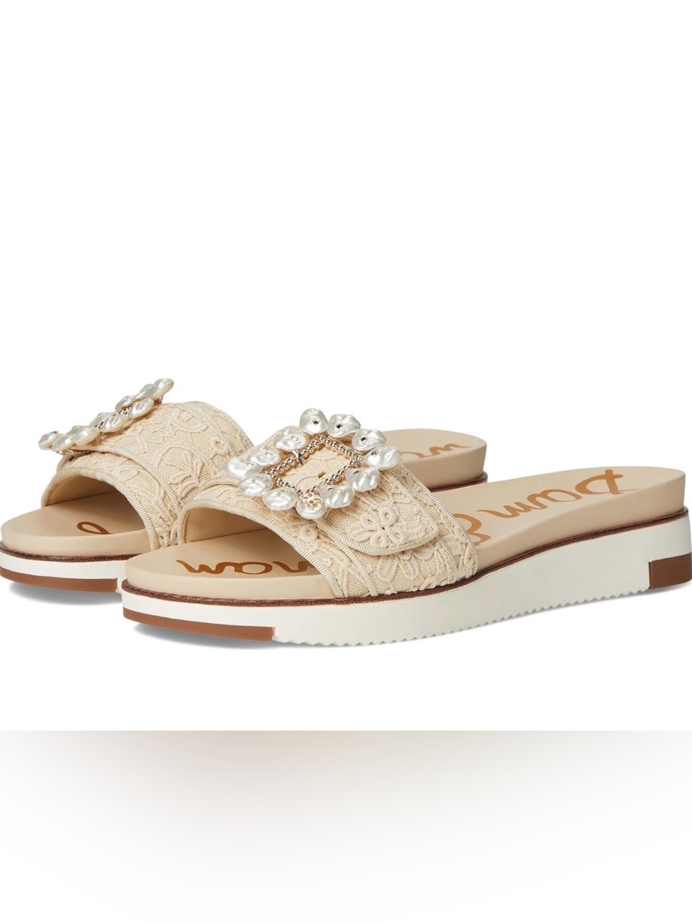 Sam Edelman Embellished Cream Slide Sandals with Pearlescent Buckle